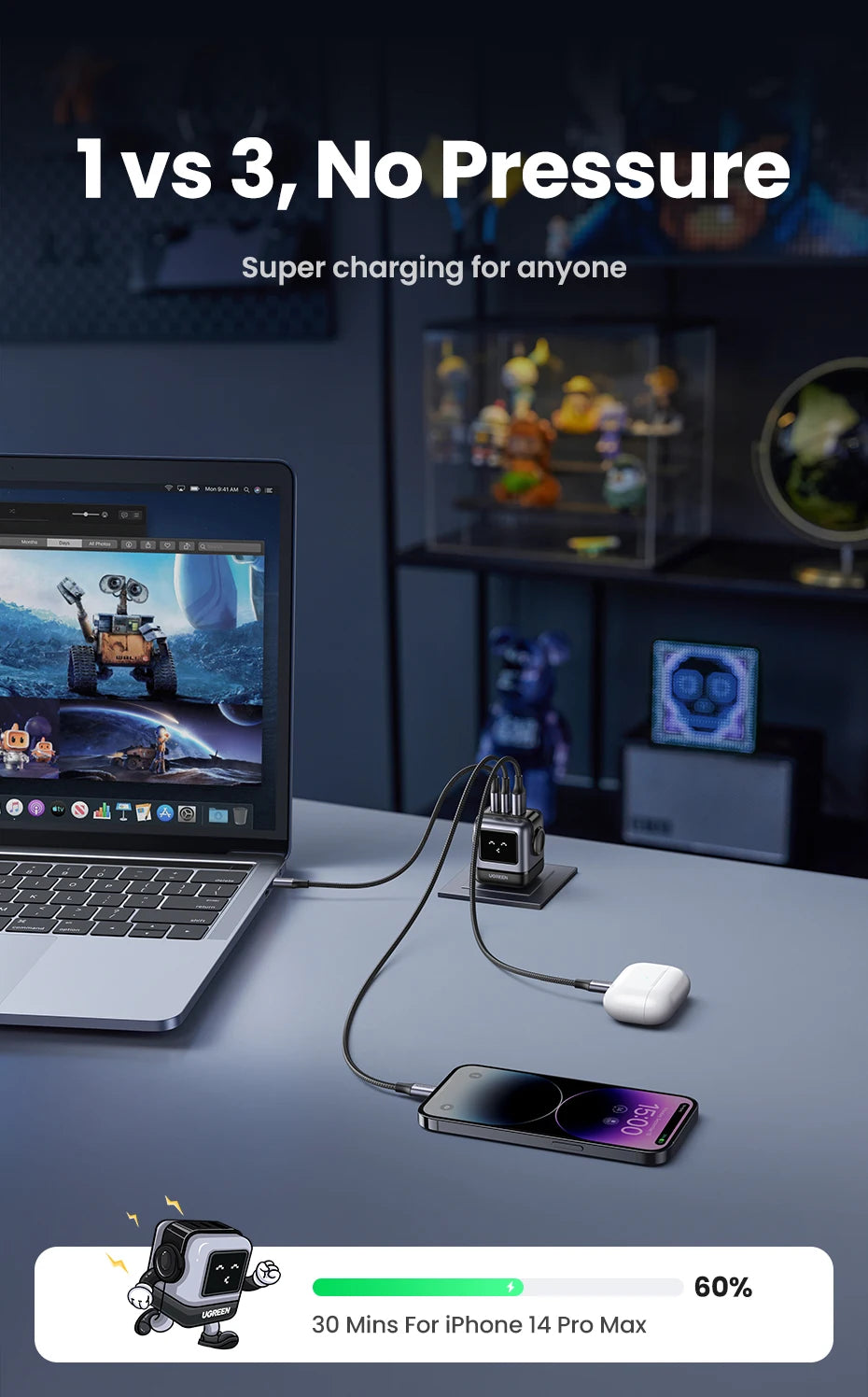 【US Plug】UGREEN 65W 30W GaN Charger Robot Design PD3.0 Fast Charger QC4.0 3.0 PPS for iPhone 17 16 15 Pro Macbook Laptop Table