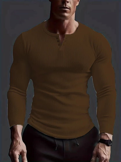 Men's Collarless Button-Front Knit Shirt Plus Size Long Sleeve Elastane