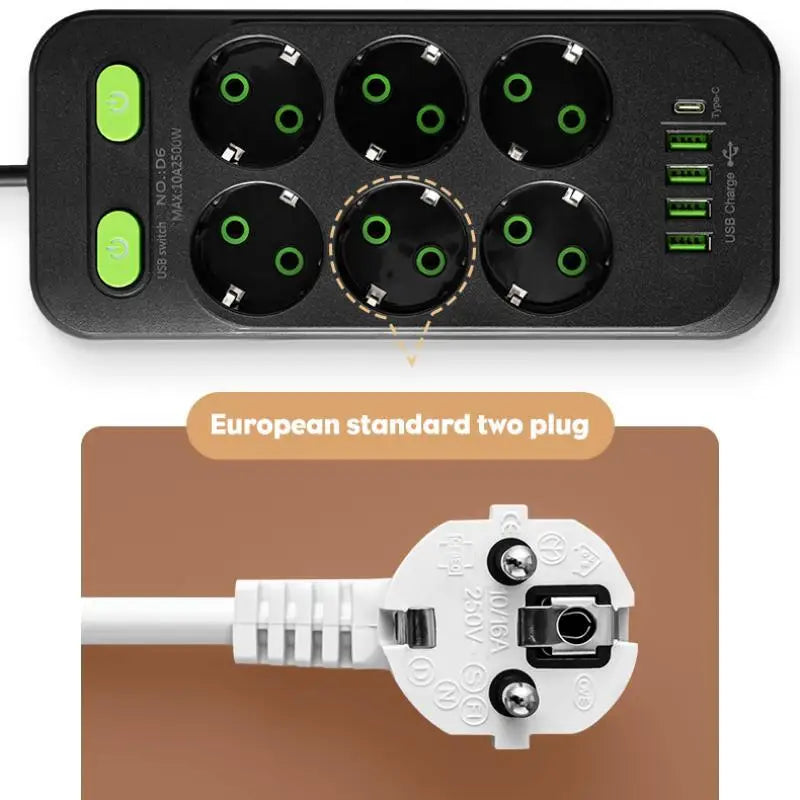 EU Plug Power Strip 6 AC Outlet Multitap Extension With 5 USB Ports 3m Cord Electrical Socket 2500W Fast Charge Surge Protector