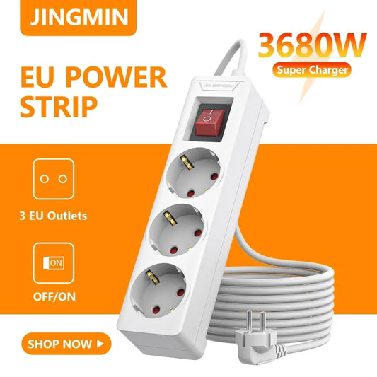 JINGMIN 3680W Power Strip Multi Outlet 1.5M Extension Cord Network Filter 3Ac Plug PPS Fast Charging Surge Protector Sockets