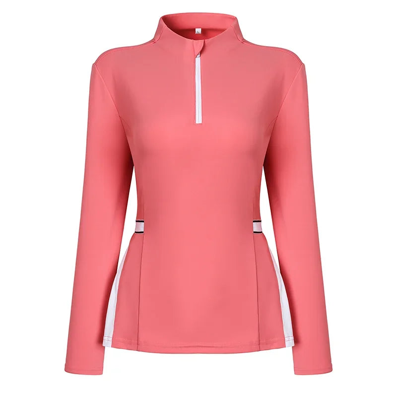 2025 New Golf Shirt Women Long Sleeve Zipper Collar T-Shirt Ladies Slim Pleated Golf Tops Breathable Casual Tennis Sportswear