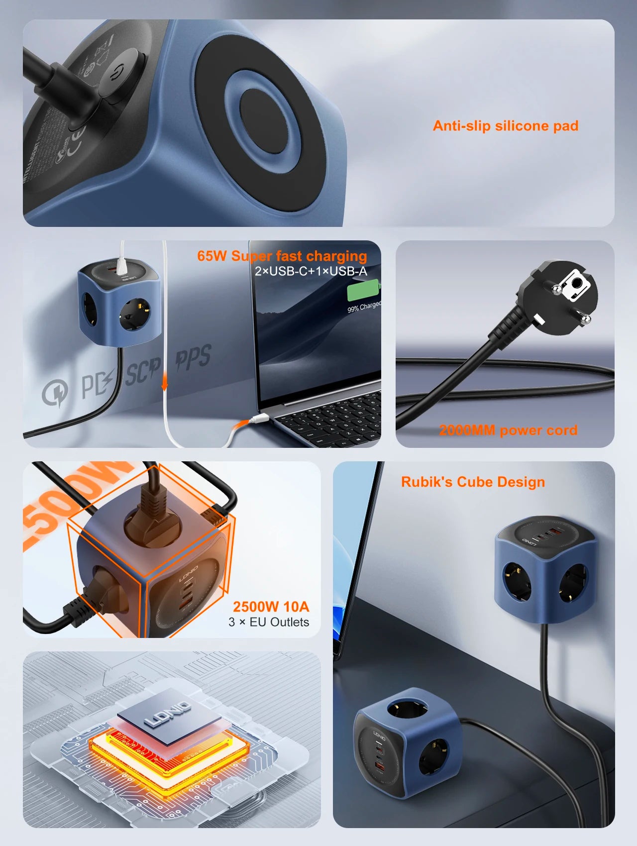 LDNIO Cube Power Strip 65W Charging Stations 2M Electric Extension Power Cord Uk Us Eu Plugs Adapter Usb Socket Surge Protector