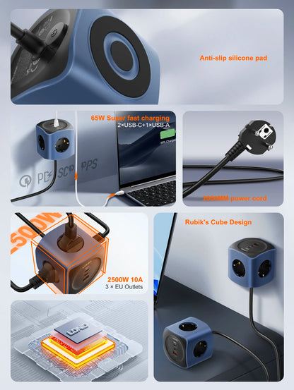 Cube Power Strip 3 Outlets UK US EU Plugs 2m USB Socket Surge Protector