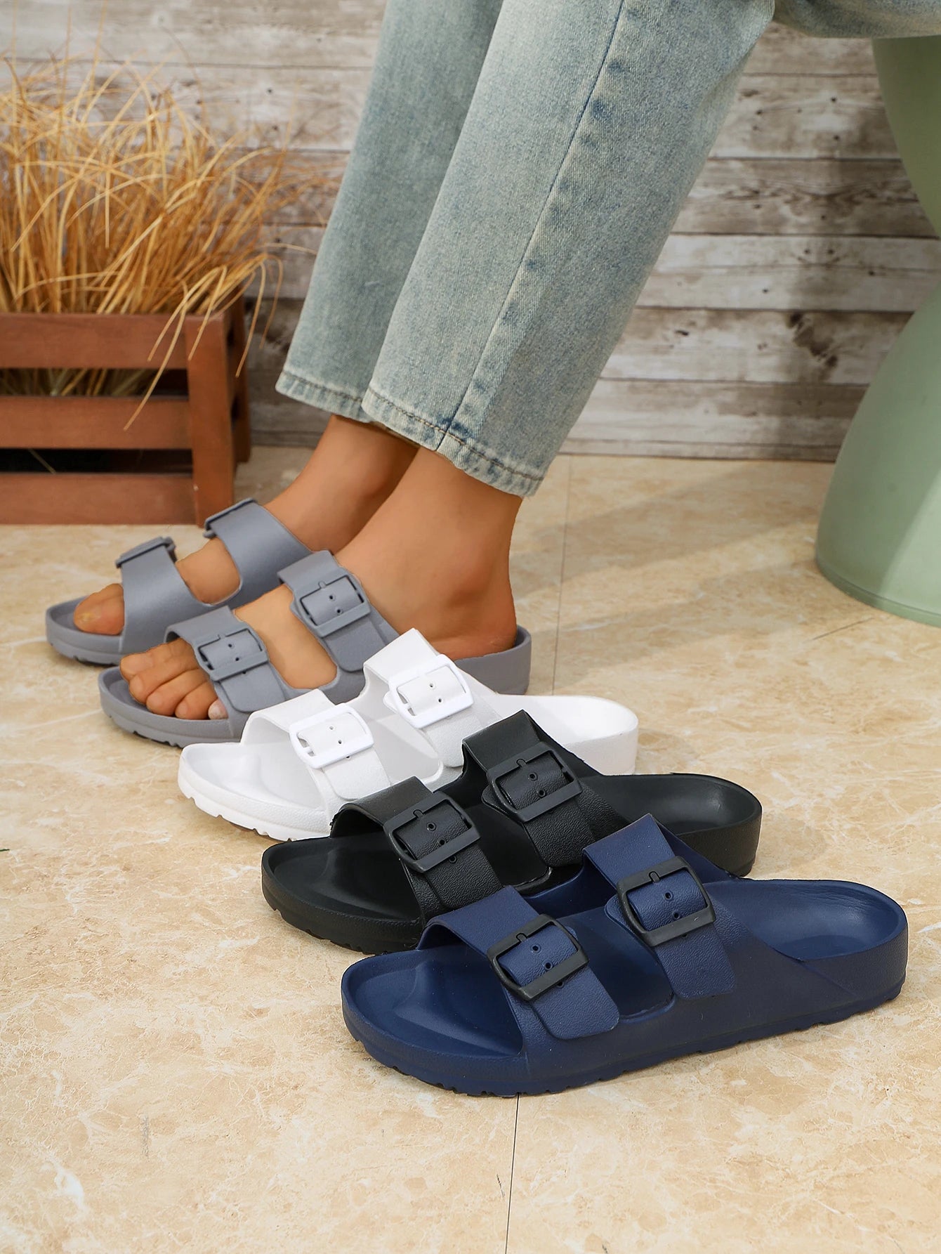 EVA Slip On Slippers With One Piece Molded Double Strap Adjustable Buckle