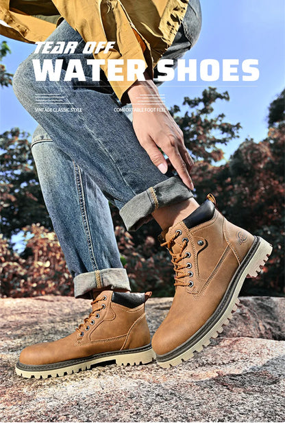 Leather Men Work Boots Mid Calf Ankle High Top Non Slip