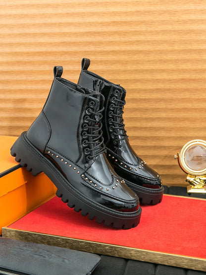 Men's Mid-Calf Leather Motorcycle Boots Pointed Toe Lace-Up