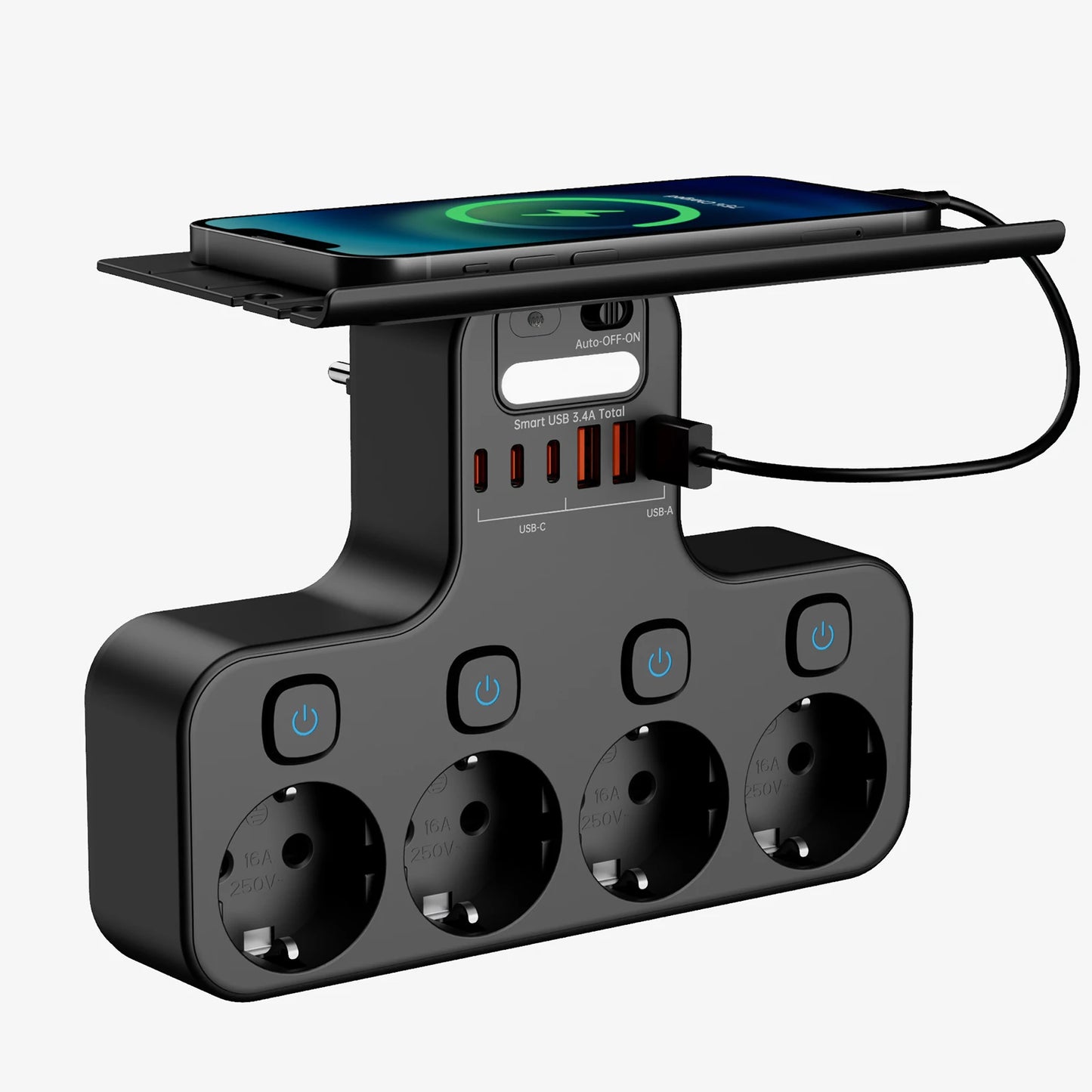 EU Multi-Function Power Strip,4000W Wall Mounted Independent Switches Socket ,Sensor Night Light, 3USB-C 3USB-A Ports Charging