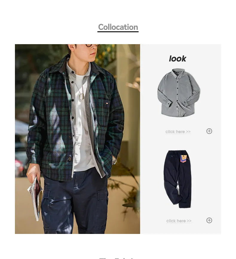 Maden American Retro Blue Green Plaid Wool Jacket Loose Thick Plaid Shirt Jacket Men's Coat Clothing Spring And Autumn