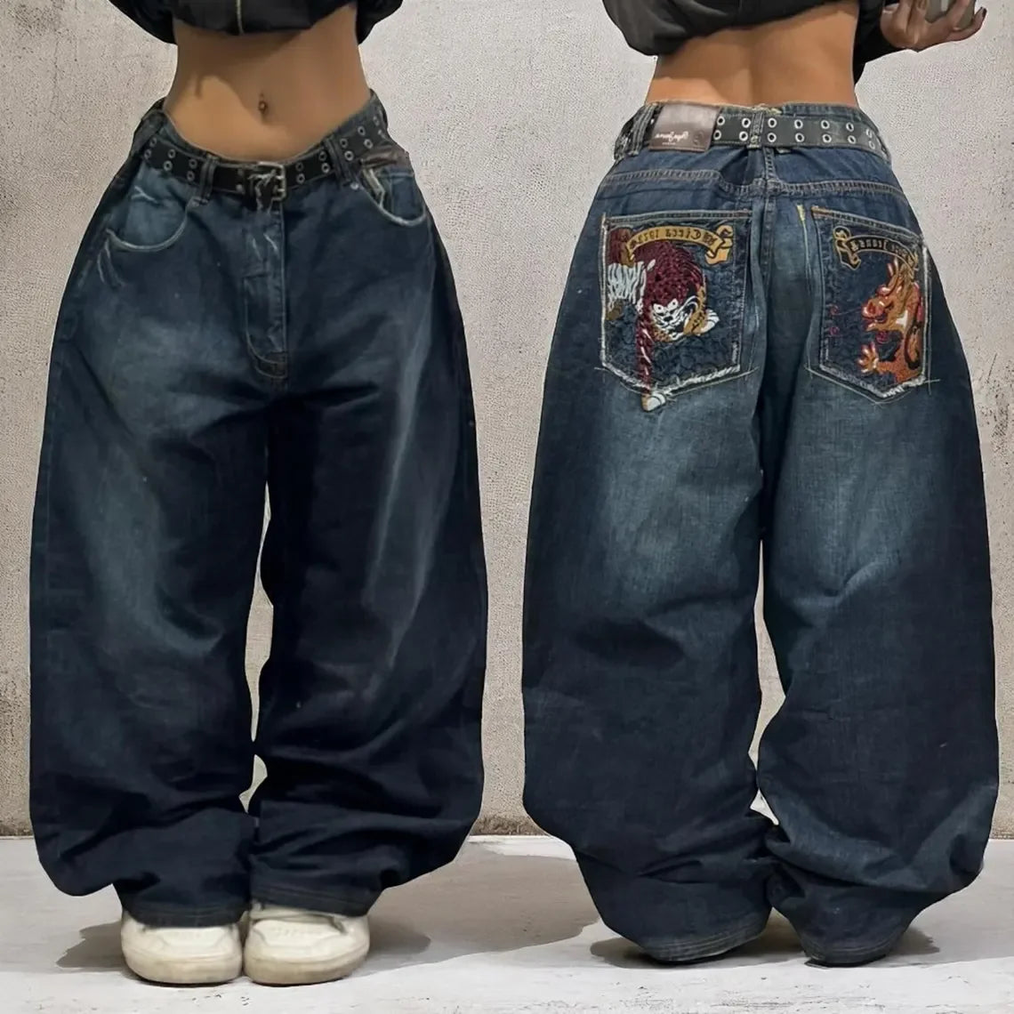 2024 New American Trend Retro Hip-hop Embroidery Pattern Baggy Jeans For Men And Women Y2K Harajuku Gothic Wide Pants Streetwear