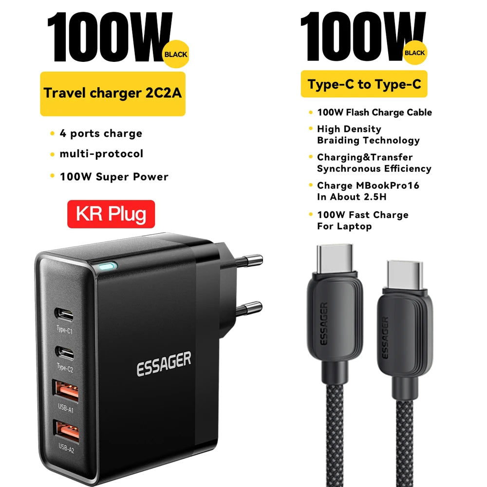 Essager 100W USB Type C Charger 65W PD Quick Charge4.0 3.0 Type-C Fast Charging For iPhone 16 15 14 13 Pro Xiaomi Macbook Laptop