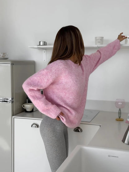 Womens O-Neck Knit Sweater Oversized Pullover Acrylic