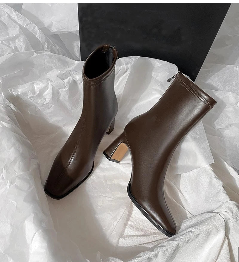 Vintage Warm Cotton Women Ankle Boots Fashion Elegant Square Toe Shoes Autumn Winter Thick Heel Women's Short Booties