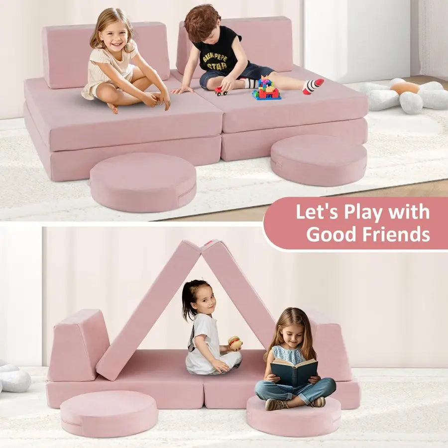 Modular Kids Play Couch, 6 PCS Toddler Creative Sectional Fort Building Sofa for Playroom, Bedroom, Children Convertible Soft Fo