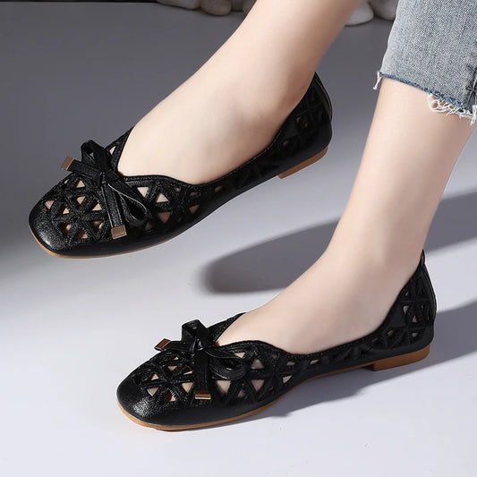 New Women's Retro Bow Single Shoes - Hollow Breathable Shallow Cut Square Head Shoes, Comfortable Soft Sole Flat Shoes