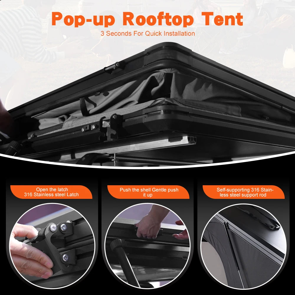 Aluminum Four-Person Rooftop Tent, Hard Shell, Closed Size 212x131x19 cm