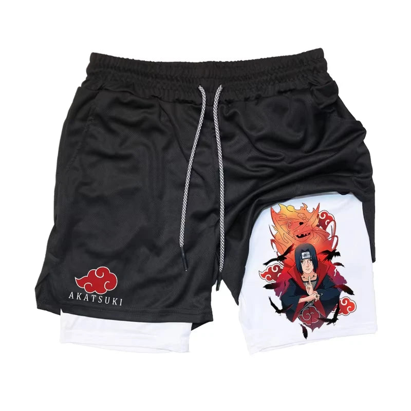 2 in 1 Performance Shorts Athletic Compression Shorts with Towel Loop Pockets Gym Workout Fitness Running Anime Print RL00107