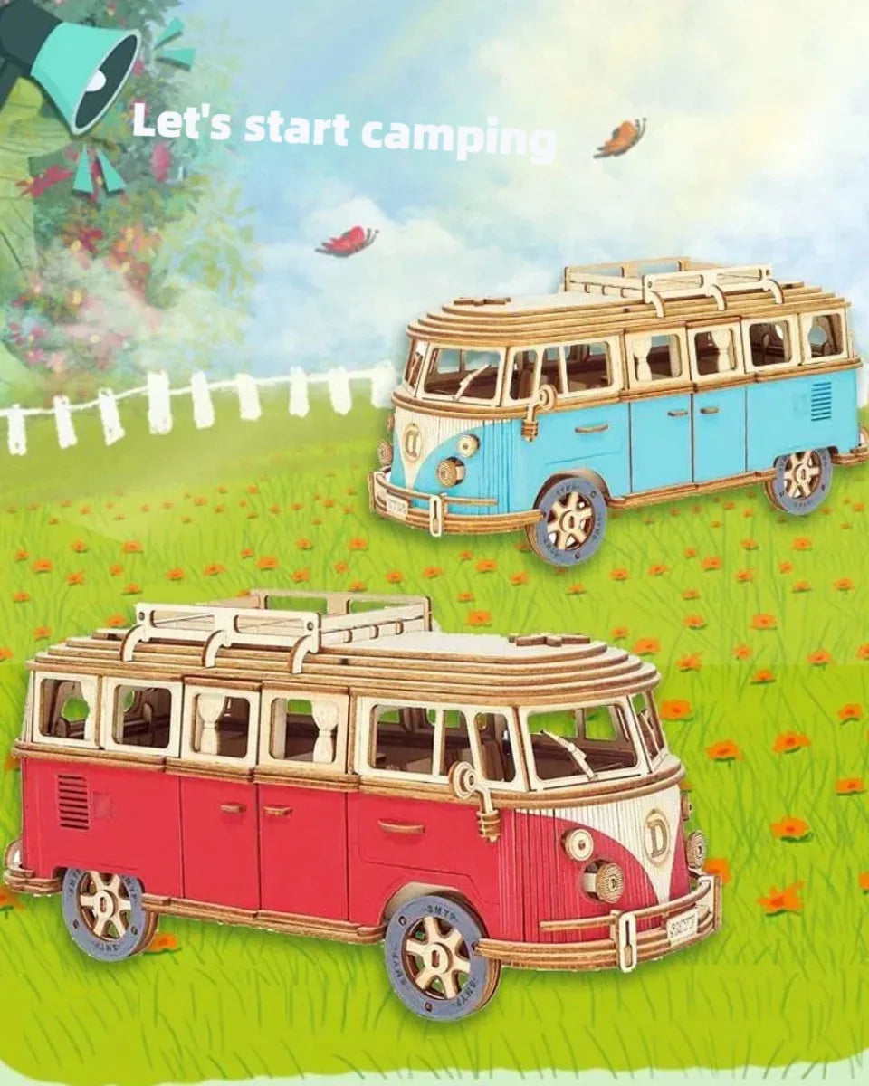 3D Wooden Car Retro Bus Europeanstyle Campervan DIY Manual Assembly Puzzle Camper Van Educational Toy for Children Christma Gift