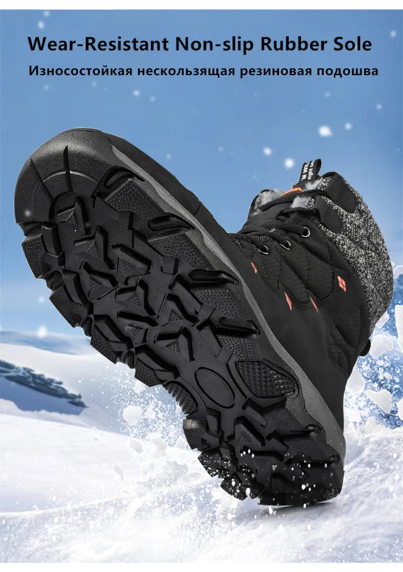 Men's Winter Snow Boots Leather Waterproof Mid-Calf Plush Lining Lace-Up