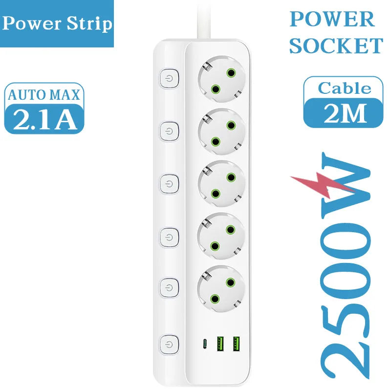EU Plug Electrical Socket with 3/5 AC Outlets 2 USB Ports + 1 Type C 6/8-in-1 Plug Socket Adapter 2M Power Strip for Home Office
