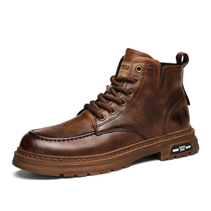 Brown Leather Mens Ankle Boots Lace Up Platform Outdoor