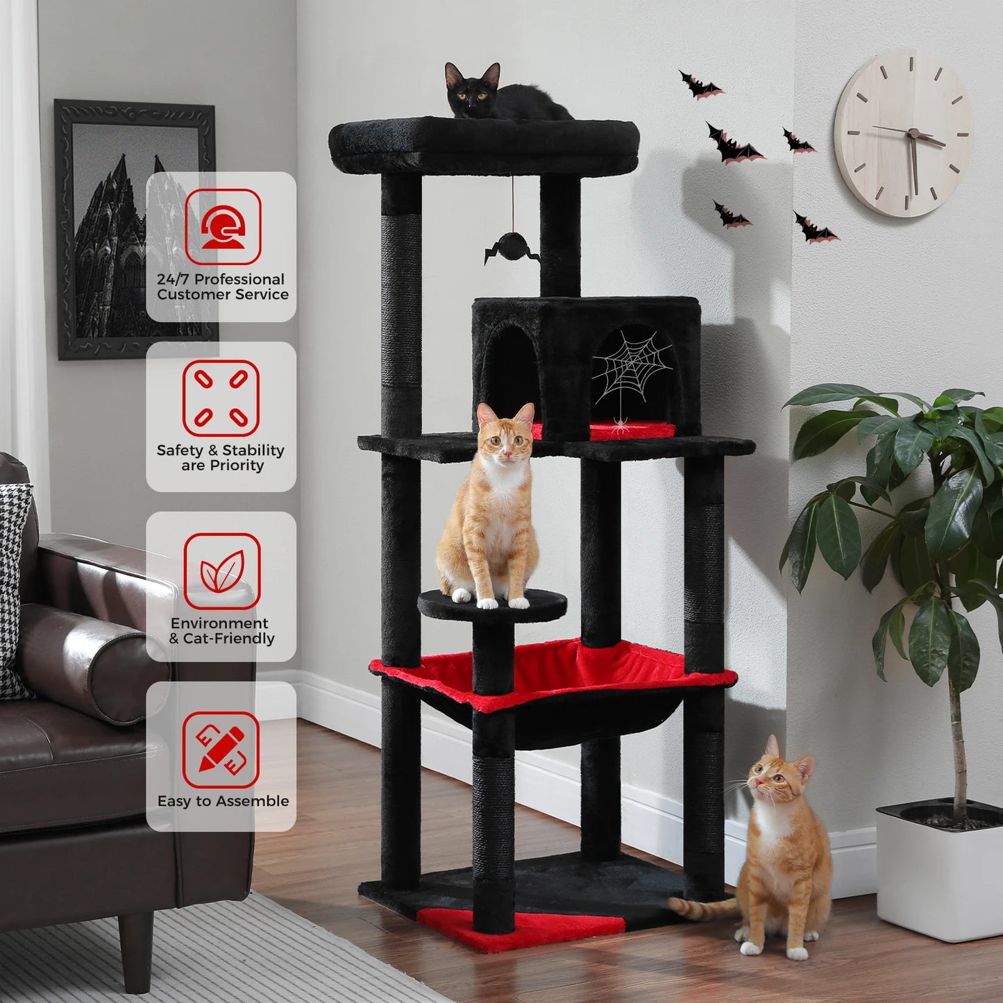 Cat Tree for Indoor Cats 5-Level Cat Tower for Large Cats with Large Hammock Sisal Covered Scratching Posts Cozy Condo Top Perch