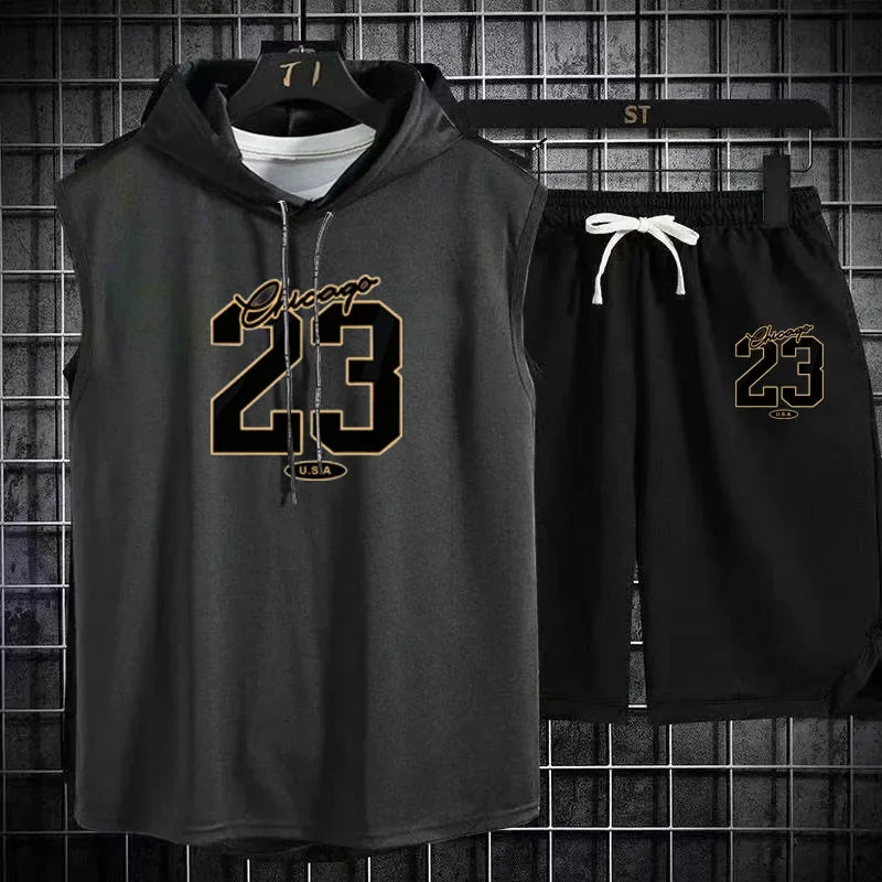 The 2025 new breathable model Men's summer sports suit printed loose breathable short sleeve + jogging shorts suit