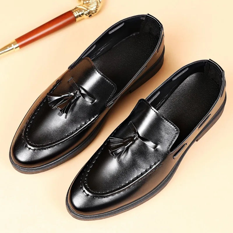 Mens Casual Leather Loafers Tassel Large Size One Pedal