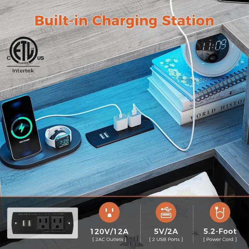 Corner Twin Bed Frame with Bookcase Storage and Led Lights Metal Platform Beds with 2 Drawers and Charging Station Twin S