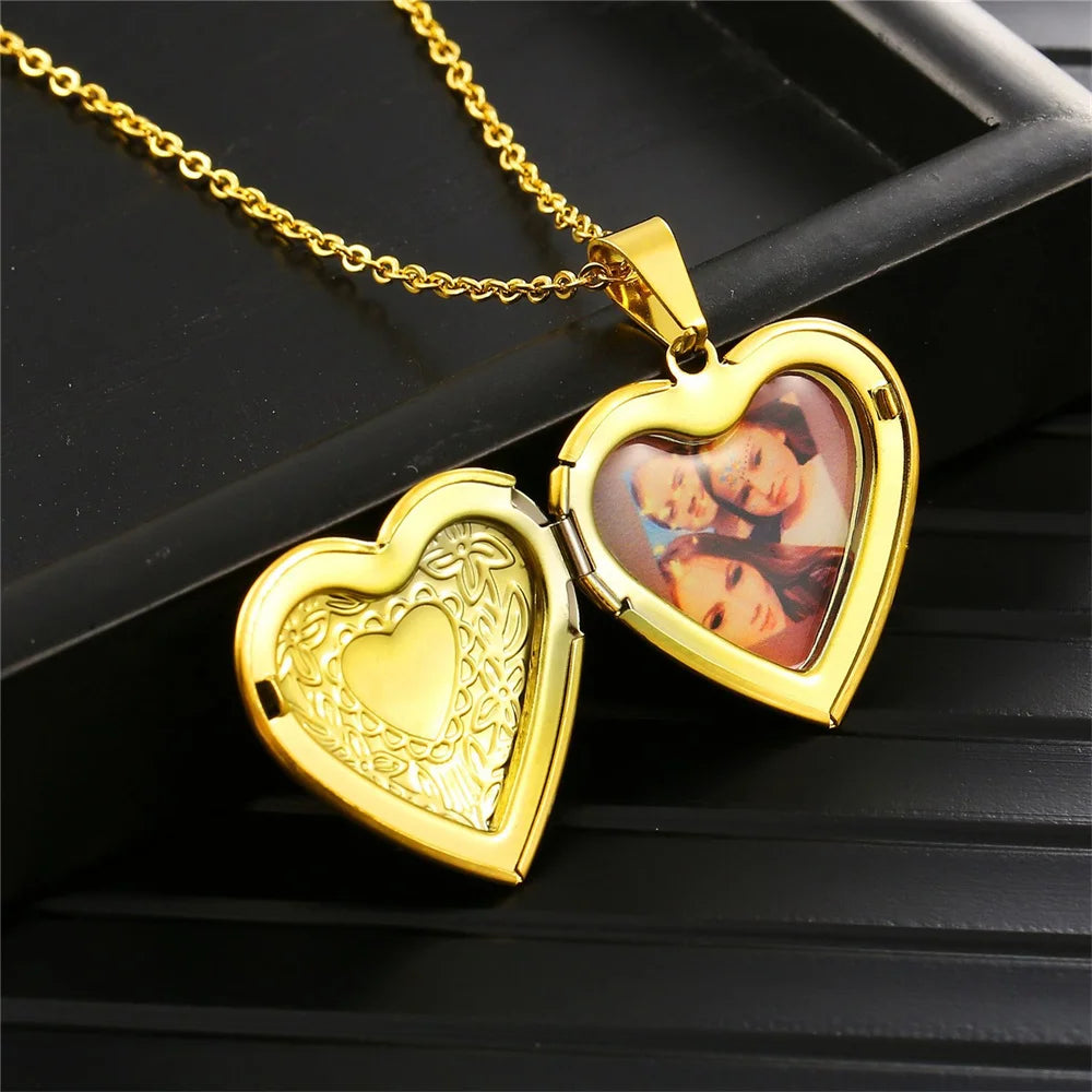 Romantic Heart Locket Pendant Openable Female Silver Color Stainless Steel Photo Frame Charm Necklace for Women Men Jewelry Gift