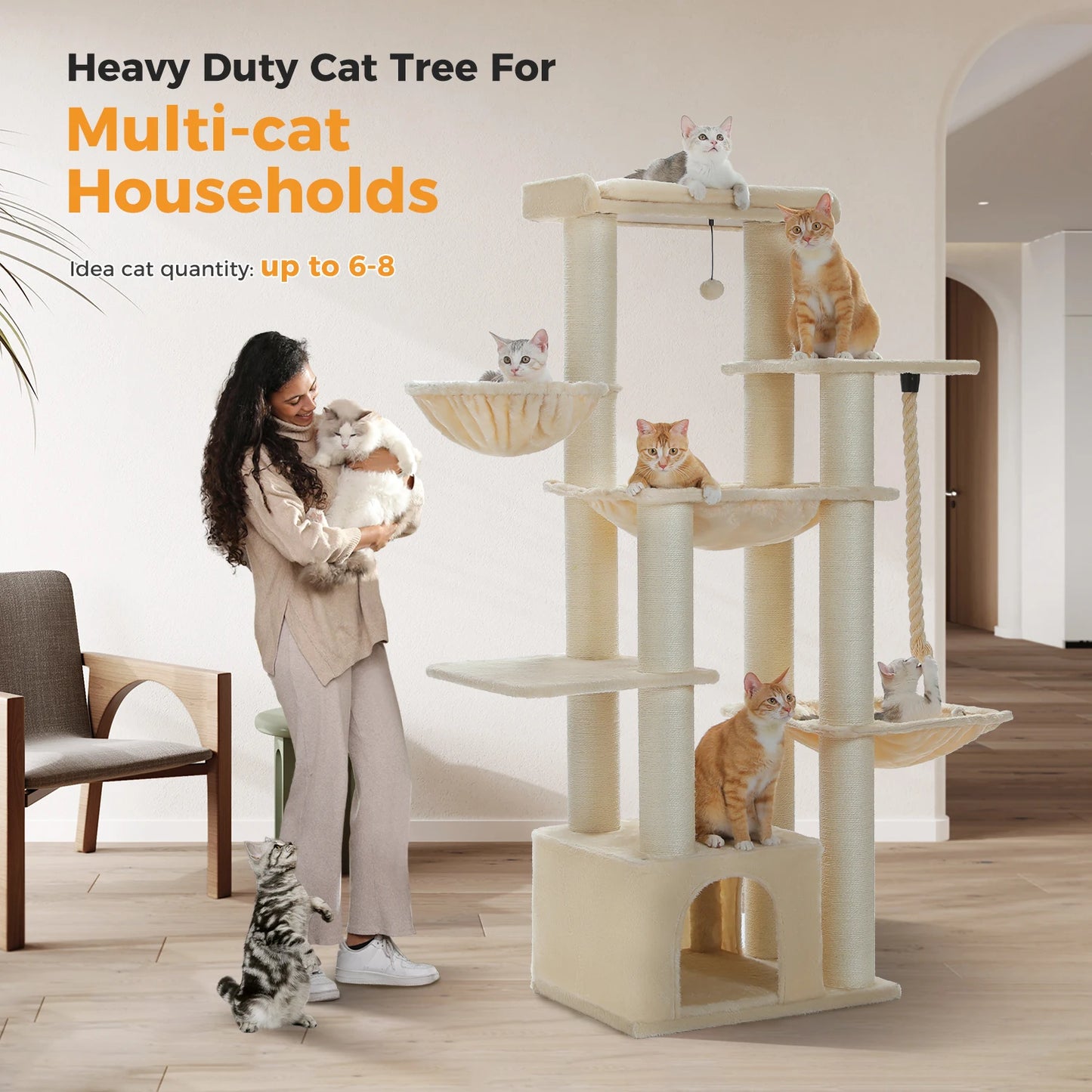 Multi-Level Cat Tree with Scratching Posts, Cozy Condo, Super Large Perch, Deep Hammocks, Tall Cat Tower for Indoor Adult Cats
