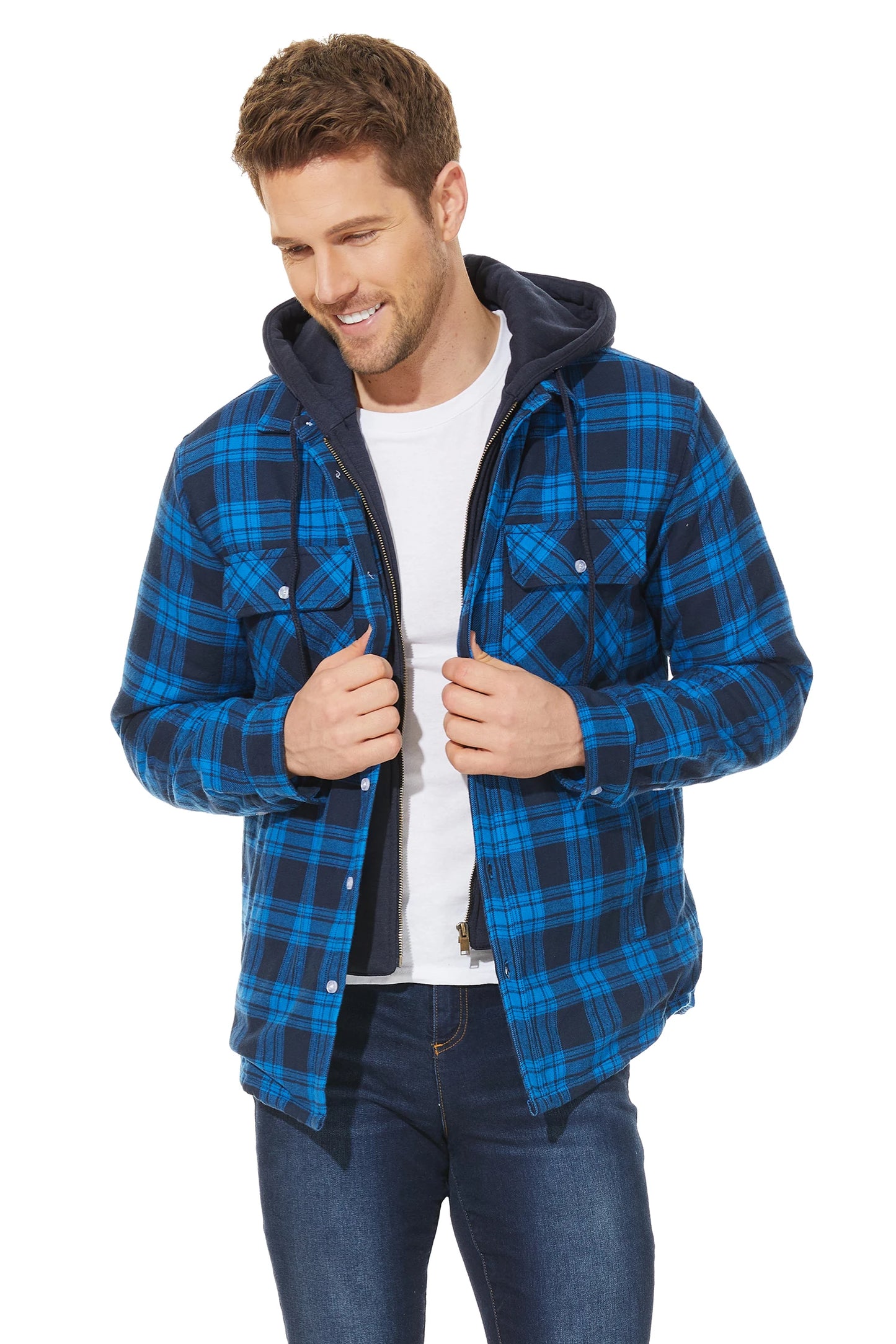 TACVASEN Men's Flannel Shirt Jacket with Removable Hood Plaid Quilted Lined Winter Coats Thick Hoodie Outwear Man Fleece Shirts