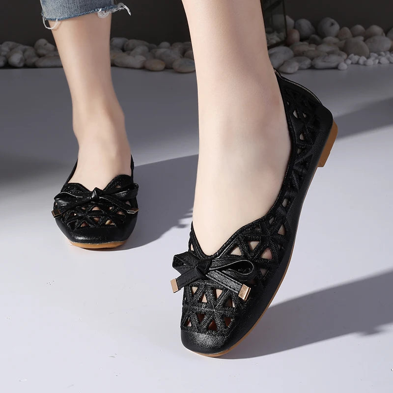 New Women's Retro Bow Single Shoes - Hollow Breathable Shallow Cut Square Head Shoes, Comfortable Soft Sole Flat Shoes