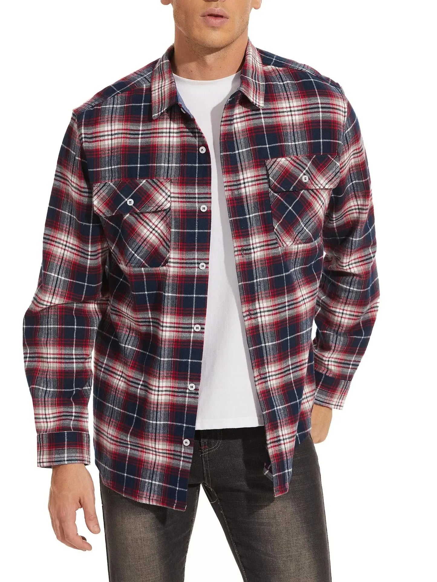 TACVASEN Oversize Lightweight Shirt Jacket Button Down Cotton Plaid Shirts Mens Long Sleeve Streetwear Flannel Shirts W/ Pockets