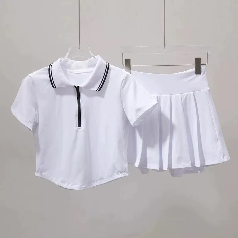 Women's summer new tennis suit set, short polo shirt, short sleeved sports top paired with pleated anti glare skirt pants