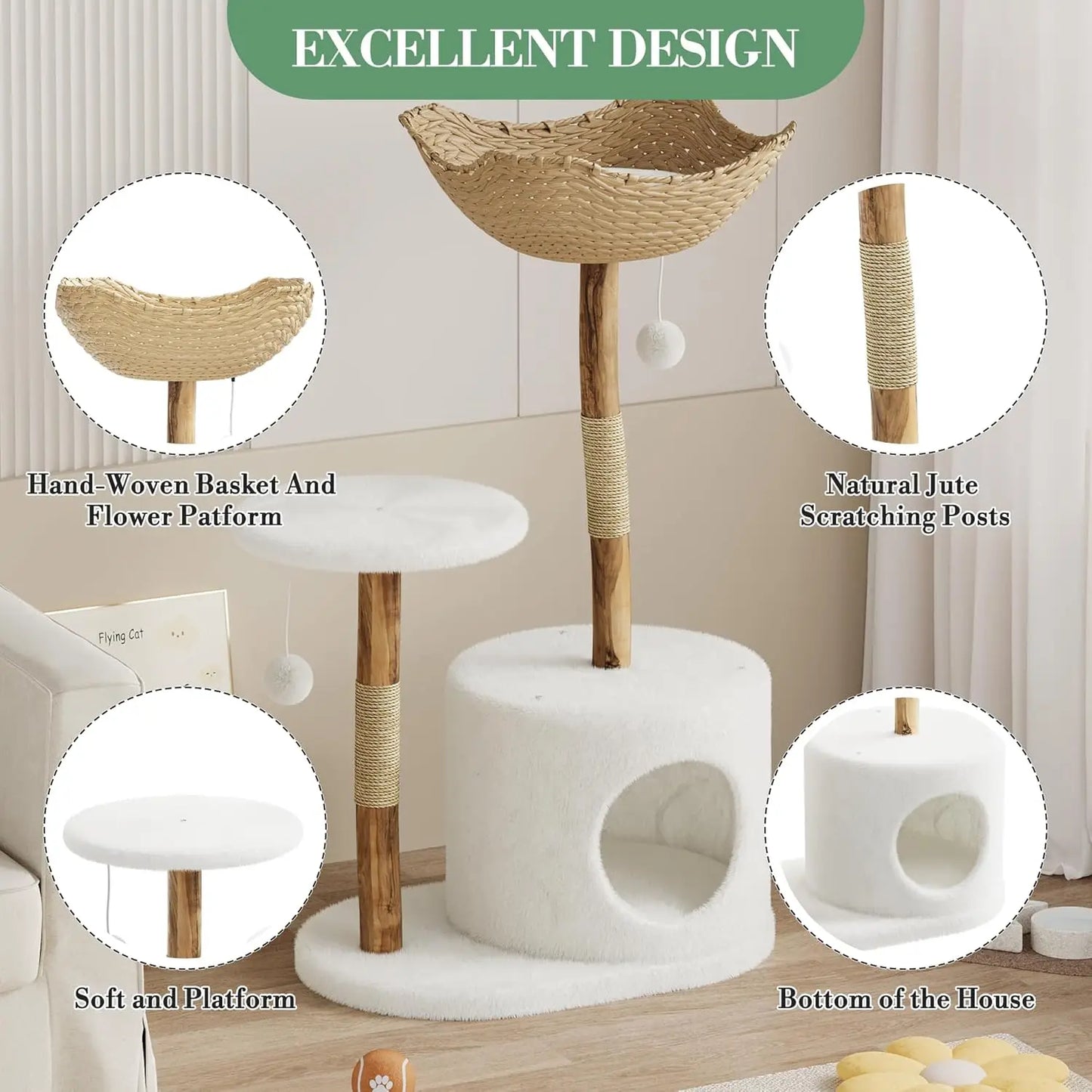 Cat Tree for Large Cats, Wood Cat Tower with Rattan Basket and Platform, Luxury Condo & Perches,Climbing Tree House for Cats