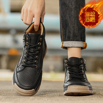 Men Leather Boots Mid Calf Lace Up Anti Slip Rubber Outsole