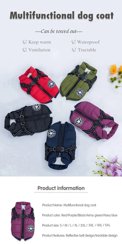 Winter Waterproof Dog Coat With Harness Cotton Inner Outer Layer For Dogs