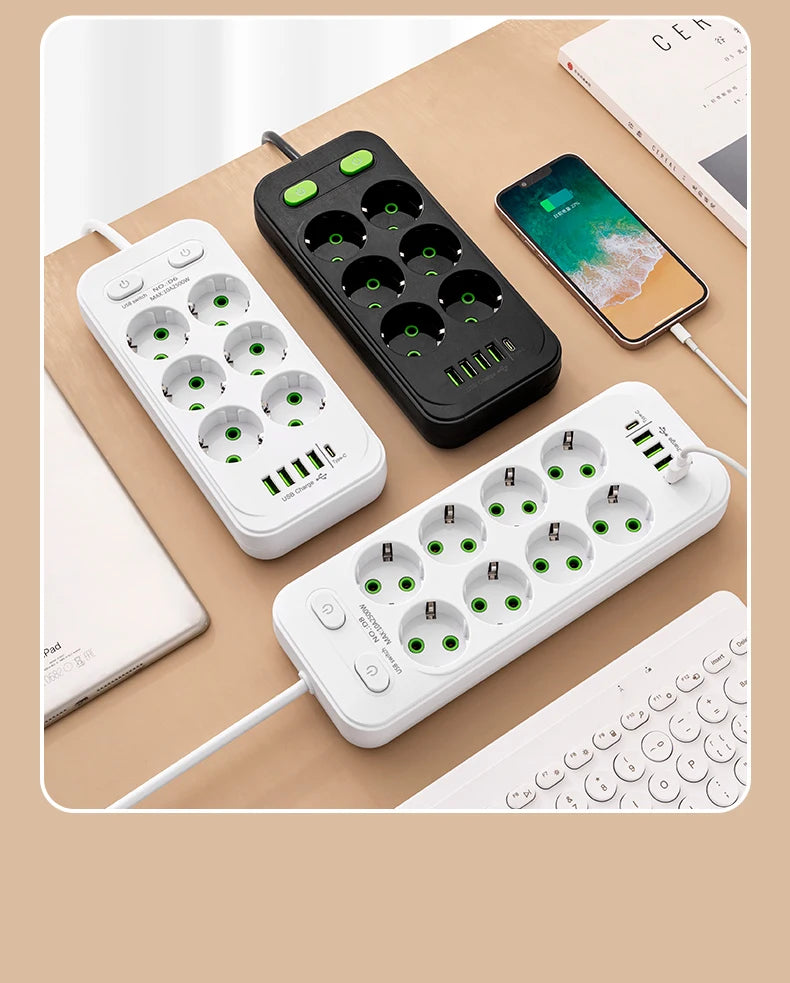 EU Plug Power Strip 6 AC Outlet Multitap Extension With 5 USB Ports 3m Cord Electrical Socket 2500W Fast Charge Surge Protector