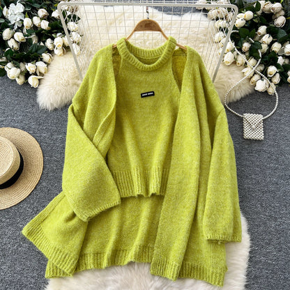 Womens Knit Cardigan Long Sleeves And Sleeveless Tank Top Set Polyester
