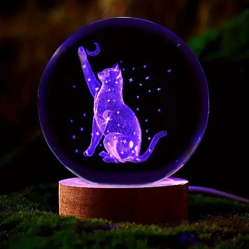 3D Laser Cat & Moon Star Crystal Ball Night Light
