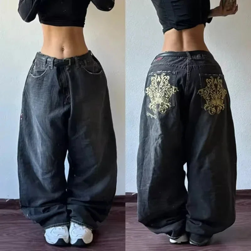 American Fashion Trend Joker Pattern Embroidered Loose Jeans Women Street Y2K New Hip Hop Oversized Wide-leg Pants Unisex Jeans