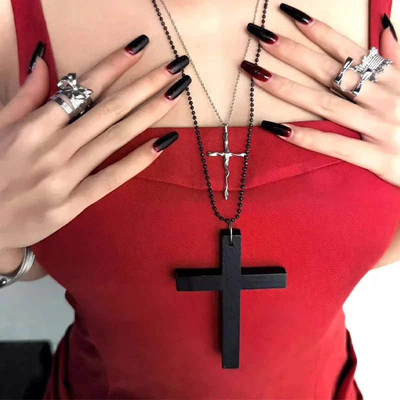 2025 New Cool Punk Gothic Wood Cross Pendant Necklace for Women Men Vintage Black White Hip Hop Y2k Necklace Party Jewelry Gift