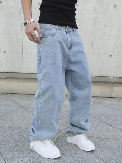Men's Baggy Denim Jeans Loose Straight Wide Leg Trousers Solid Color