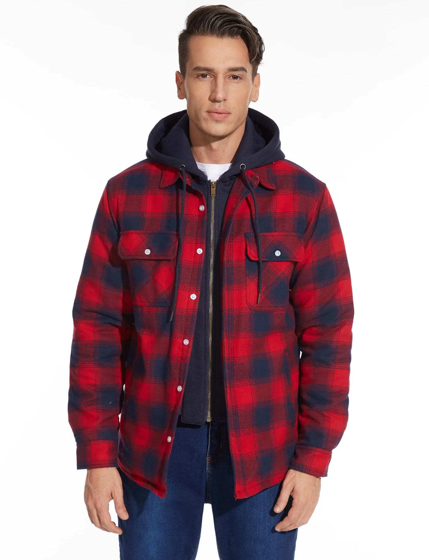 TACVASEN Men's Flannel Shirt Jacket with Removable Hood Plaid Quilted Lined Winter Coats Thick Hoodie Outwear Man Fleece Shirts