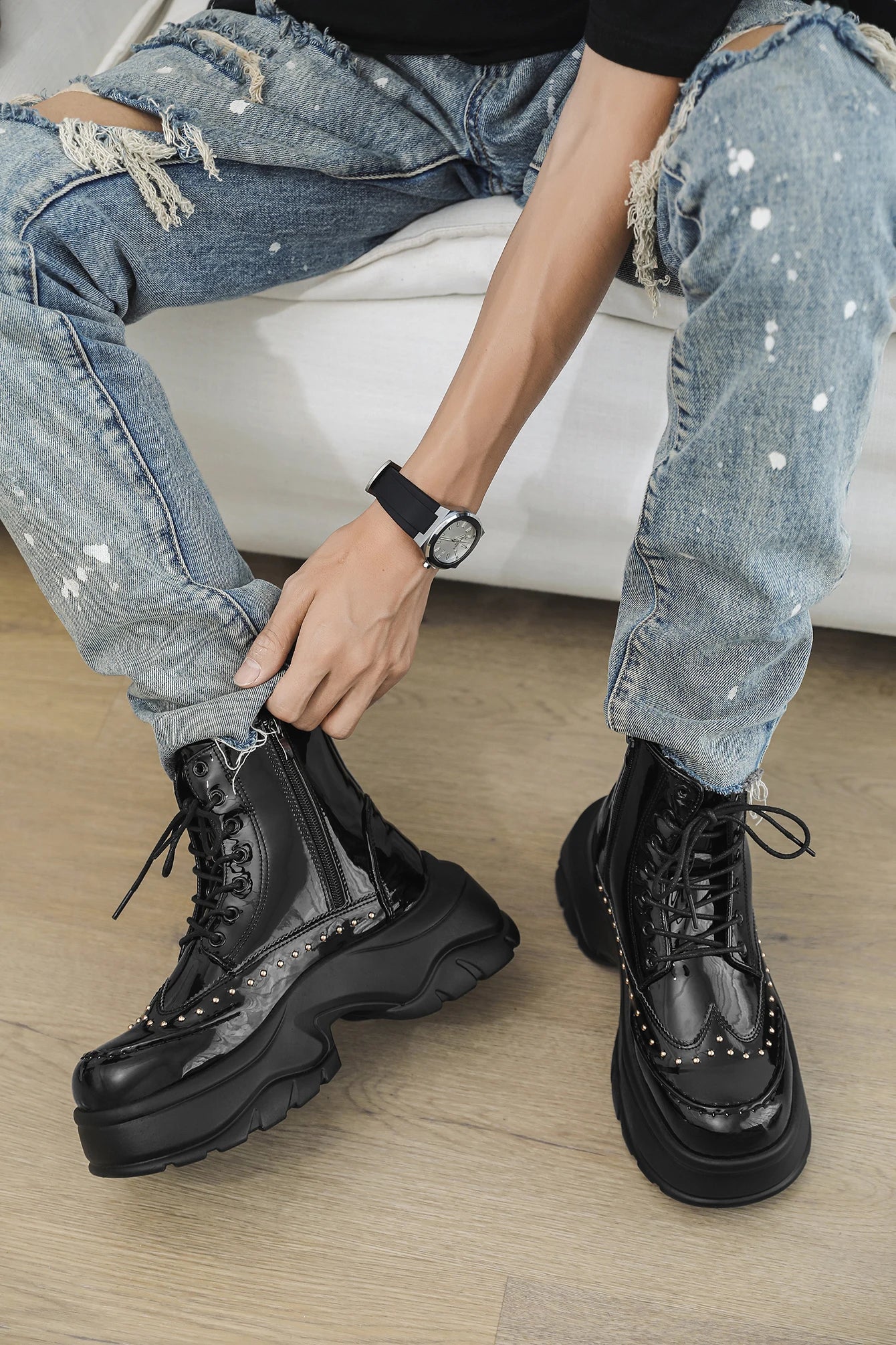 Mid-Calf Leather Motorcycle Boots With Rivet And Lace-Up 4.5 cm Thick Sole