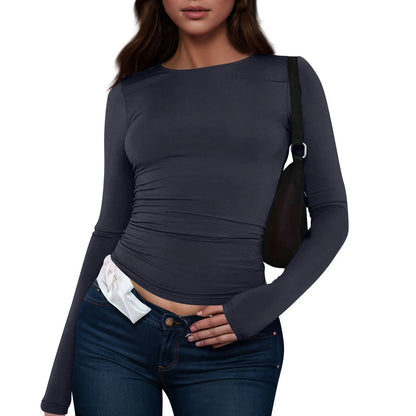 O-Neck Long Sleeve Cropped Top For Women Broadcloth Polyester