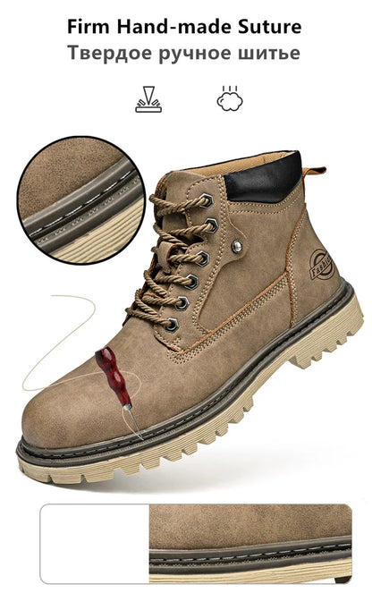 Leather Men Work Boots Mid Calf Ankle High Top Non Slip