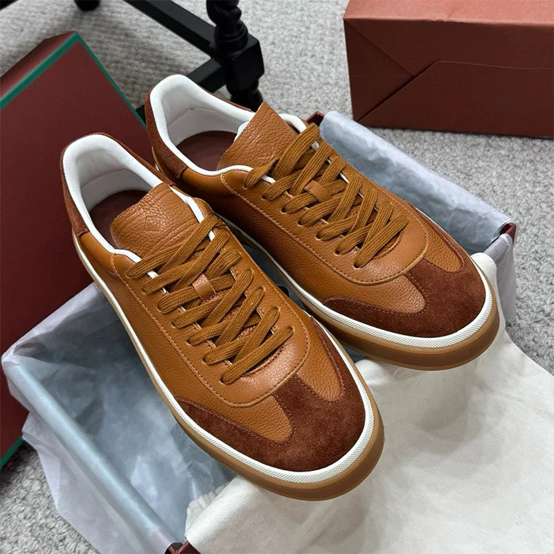 Men's Genuine Leather Lace Up Round Toe Trainer Shoes White