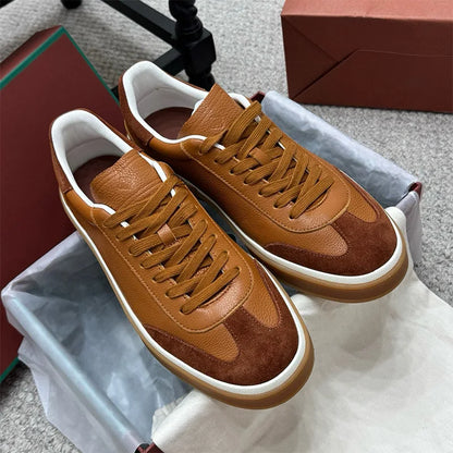 Men's Genuine Leather Lace Up Round Toe Trainer Shoes White