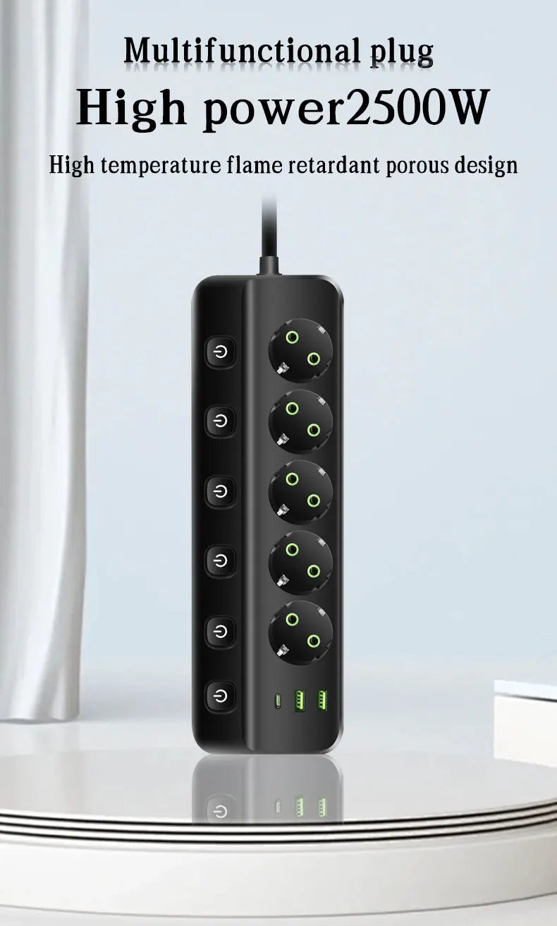 EU Plug Electrical Socket with 3/5 AC Outlets 2 USB Ports + 1 Type C 6/8-in-1 Plug Socket Adapter 2M Power Strip for Home Office